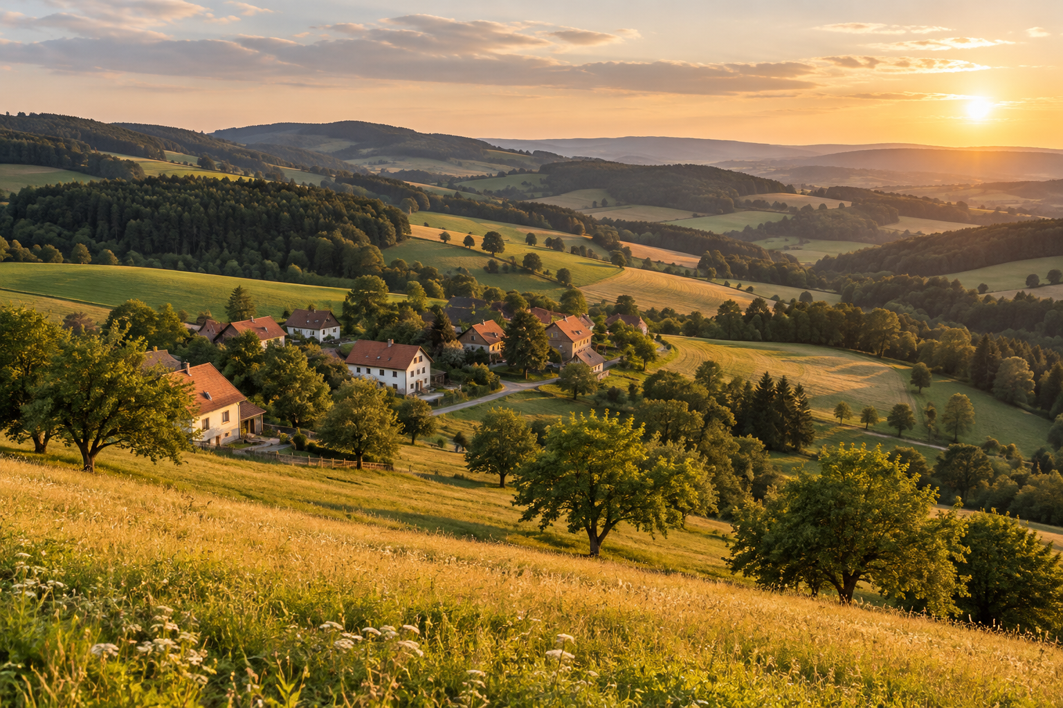 KI-Symbolbild von Hügeln und Wohnhäusern im Abendlicht