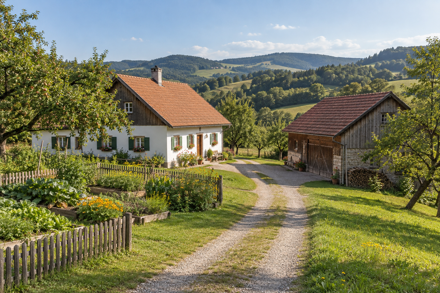 KI-Symbolbild eines Bauernhauses mit Garten und Nebengebäude