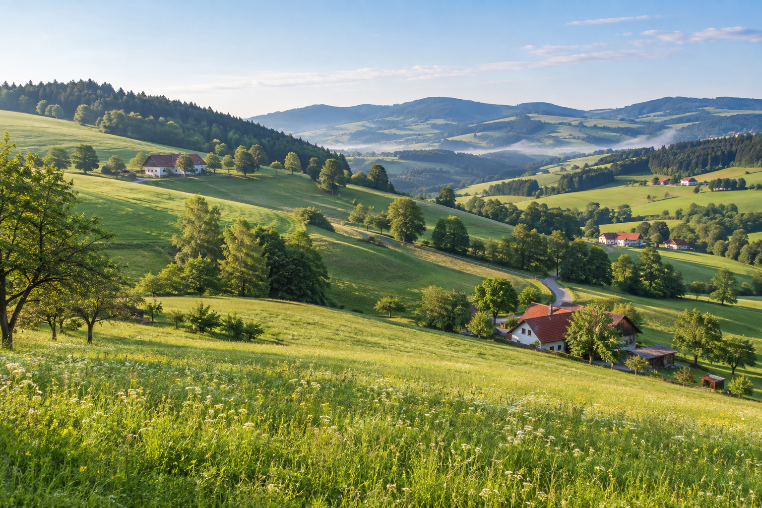 KI-Symbolbild von Häusern in einer niederösterreichischen Hügellandschaft